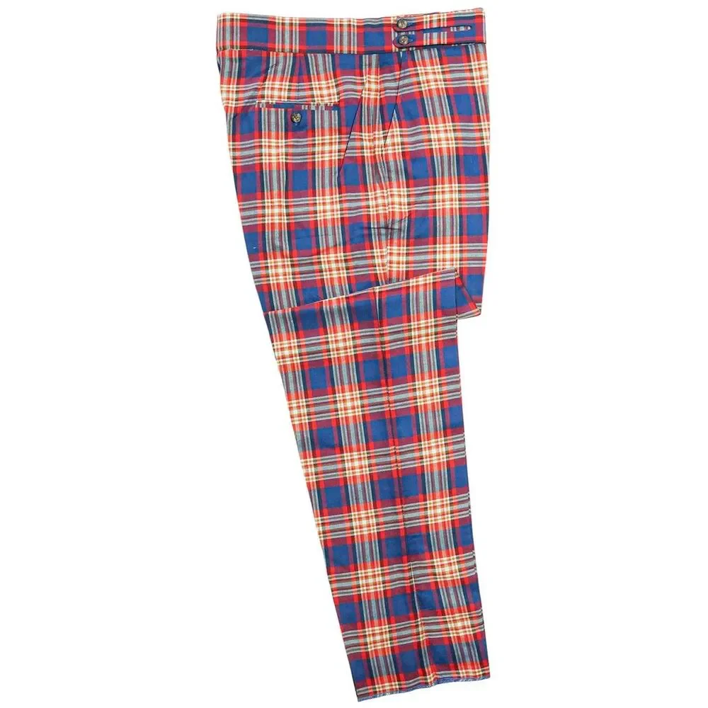Mens Gurkha Pants 38 Blue Red Beige Plaid Dress Trousers Straight Fit Flat Front